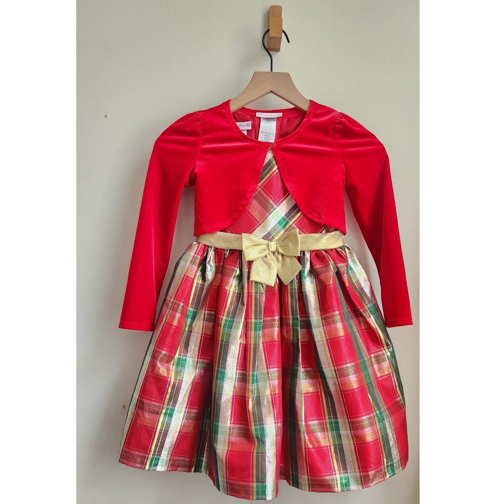 Bonnie Jean Girls Red Metallic Plaid Holiday Dress Velvet Shrug 2PC Set Size 6X